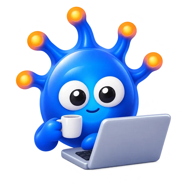 Neurona, la mascota de Mjugo, trabajando con un portátil
