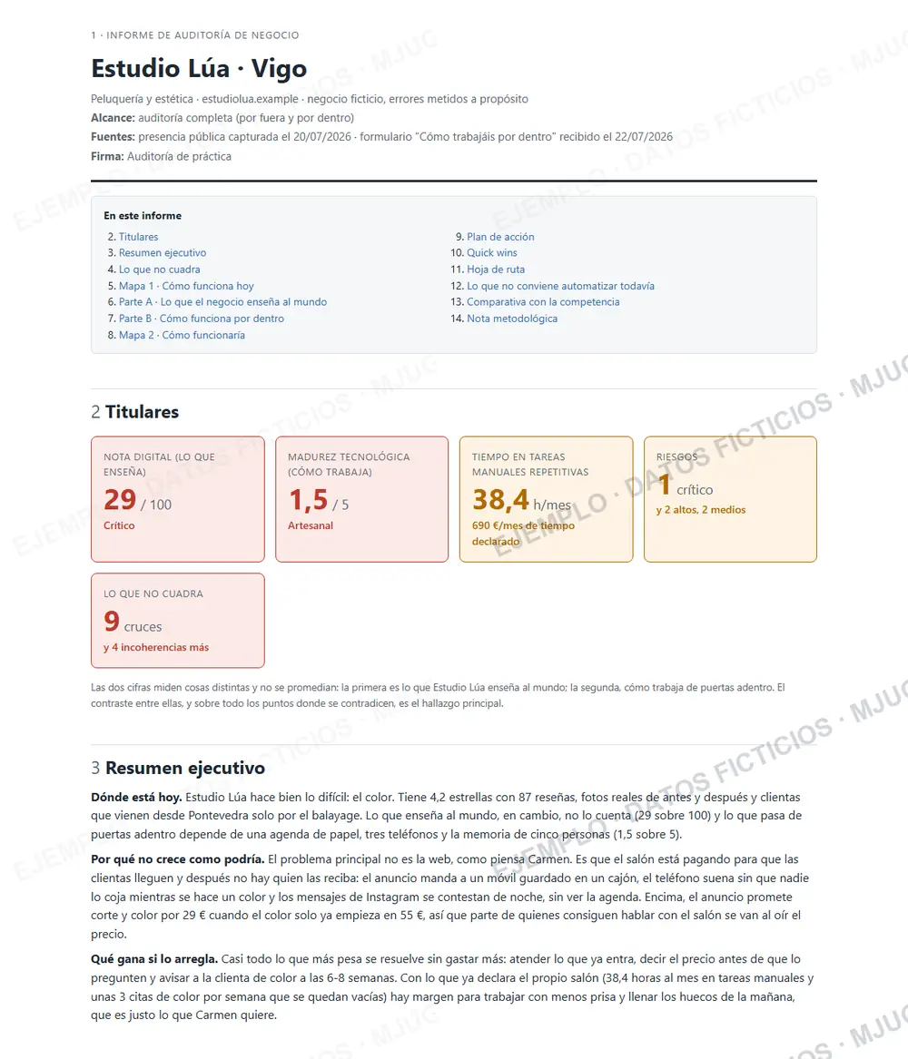 Titulares y resumen ejecutivo de una auditoría de ejemplo: nota digital 29 sobre 100, madurez tecnológica 1,5 sobre 5 y 38,4 horas al mes en tareas manuales.